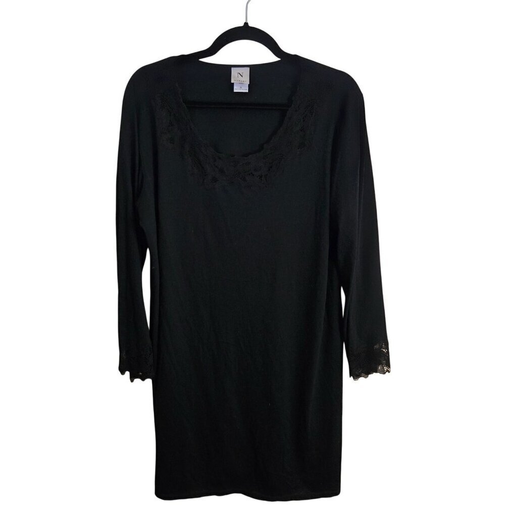 Natori Vintage Black Jersey Lace Trim Long Sleeve V-neck Black Night Dress Size